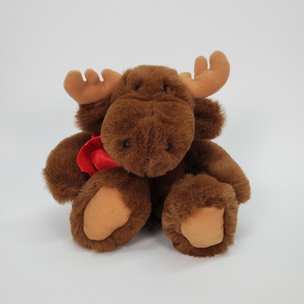 Dakin‎ Plush Moose Brown Stuffed Animal Red Ribbon Holiday 7 inch Vintage Style